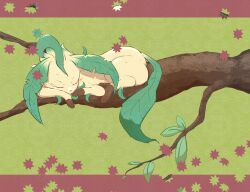  absurdres branch closed_eyes commentary_request dekka_hamstar eyelashes green_background highres leaf leafeon lying no_humans pokemon pokemon_(creature) pokemon_focus red_background sleeping solo 