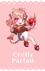  1girl :3 absurdres ahoge animal_ears aqua_hair aqua_streaks bell blush bow brown_bow brown_cardigan brown_ribbon cardigan character_name cow_ears cow_girl cow_horns cow_tail cowbell crelly crelly_(crelly_1.0) cup deformed denim eyelashes fingernails food footwear_bow fruit full_body hair_ornament hairclip heart heart_hair_ornament heart_in_eye high_heels highres holding holding_cup holding_spoon horns indie_virtual_youtuber long_sleeves medium_hair mole mole_under_mouth multicolored_hair nail_polish neck_bell neck_ribbon open_cardigan open_clothes open_mouth parallel_hairclips parfait pink_background pink_bow pink_eyes pink_hair pink_nails pink_shoes red_hair red_shirt red_streaks ribbon shirt shoes signature smile solo spark_(spark845) spoon strawberry strawberry_slice streaked_hair symbol_in_eye tail tail_bow tail_ornament teeth thigh-highs upper_teeth_only virtual_youtuber white_thighhighs 