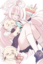  1boy 1girl 1noshino ahoge animal_ears black_gloves black_skirt blue_archive blue_eyes blue_necktie blue_shoes chest_harness chibi chiikawa collared_shirt commentary_request crossover eating fang fingerless_gloves fluffy food fruit gloves halo harness heterochromia highres holding hoshino_(blue_archive) id_card invisible_chair kneehighs knees_up korean_commentary long_hair long_sleeves looking_at_viewer necktie open_mouth orange_eyes otter_ears panties pantyshot parfait pink_hair pink_halo rakko_(chiikawa) scar scar_on_face shirt shoes simple_background sitting skin_fang skirt smile sneakers socks strawberry strawberry_parfait underwear very_long_hair white_background white_panties white_shirt white_socks 