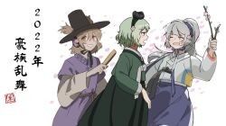  2022 3girls :d ^_^ artist_collaboration black_hat branch brown_eyes brown_hair cherry_blossoms closed_eyes commentary_request flower gat_(hat) green_hair green_hanbok grey_hair grin hair_between_eyes hanbok hat highres holding holding_branch hoshii_1213 korean_clothes long_hair long_sleeves looking_at_viewer mononobe_no_futo multiple_girls newbokk open_mouth petals pink_flower pink_petals purple_hanbok rbfnrbf_(mandarin) seal_impression short_hair simple_background smile soga_no_tojiko touhou toyosatomimi_no_miko translated white_background white_hanbok 