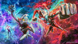  3boys alien black_skin blue_background blue_eyes color_timer colored_skin commentary copyright_notice english_commentary floating forehead_jewel gem glowing highres male_focus multicolored_skin multiple_boys muscular muscular_male no_pupils official_art red_background red_skin silver_skin space tokusatsu two-tone_background ultra_series ultraman ultraman:_rising ultraman_(1st_series) ultraman_(ultraman:_rising) ultraman_arc ultraman_arc_(series) yellow_eyes 