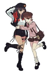  2girls :p ;p alternate_costume bag black_boots black_hair black_hat black_jacket black_shoes black_skirt blush boots braid brown_bag brown_eyes brown_hair brown_hat brown_necktie brown_skirt carmine_(pokemon) closed_mouth commentary_request cropped_jacket cropped_shirt crossed_bangs full_body hair_between_eyes hat highres hug jacket juliana_(pokemon) korean_commentary leg_up long_hair long_sleeves looking_at_viewer medium_hair midriff mole mole_under_eye multiple_girls necktie one_eye_closed open_clothes open_jacket orock_miani pink_sweater pokemon pokemon_scarlet_and_violet red_hair shirt shoes skirt smile socks standing standing_on_one_leg sweater thigh_strap tongue tongue_out white_background white_shirt white_socks yellow_eyes yuri 