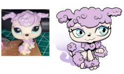  blue_eyes blueey-jayzilla dog highres littlest_pet_shop lps_poodle_1862 no_humans photo_inset poodle purple_fur reference_inset reference_photo simple_background two-tone_fur white_background white_fur 