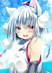  1girl :d animal_ears bangs bare_shoulders black_sleeves blue_sky clouds cloudy_sky detached_sleeves highres hikanyan inubashiri_momiji looking_at_viewer open_mouth outdoors pom_pom_(clothes) red_eyes shirt short_hair sky sleeveless sleeveless_shirt smile solo touhou white_hair white_shirt wolf_ears wolf_girl 