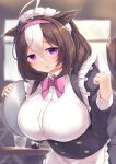  1girl absurdres alternate_costume animal_ears blurry blurry_background blush breasts brown_hair commentary_request hair_between_eyes highres horse_ears horse_girl horse_tail kanzakietc large_breasts maid medium_hair meisho_doto_(umamusume) solo tail tray umamusume violet_eyes 