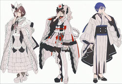  1boy 1girl 1other 25-ji_kaito adapted_costume akiyama_mizuki asymmetrical_footwear black_boots black_kimono black_ribbon black_shoes blindfold blue_eyes blue_hair blue_trim boots braid brown_eyes brown_hair closed_mouth colored_shoe_soles commentary_request drill_hair drill_ponytail drill_sidelocks expressionless flower frilled_hat frilled_sleeves frills full_body gloves hair_flower hair_ornament hair_ribbon hakusai_(tiahszld) hand_up hat hat_ribbon high_heels high_side_ponytail highres japanese_clothes kaito_(vocaloid) keikyoku_no_machi_wa_doko_e_(project_sekai) kimono kimono_dress lace-up_boots long_hair long_sidelocks looking_at_viewer multicolored_kimono multicolored_shoes official_alternate_costume official_alternate_hair_ornament one_eye_covered pink_hair platform_heels project_sekai red_flower red_kimono red_rose ribbon ribbon-trimmed_kimono ribbon-trimmed_sleeves ribbon_trim rose shinonome_ena shoes short_hair side_braid side_ponytail sidelocks simple_background single_braid standing thigh_boots top_hat two-tone_flower two-tone_ribbon two-tone_rose two-tone_shoes very_long_hair vocaloid white_background white_boots white_flower white_gloves white_ribbon white_rose wide_sleeves 