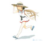  1girl alternate_costume black_bow bow brown_eyes brown_hair commentary_request curvadosdunas dress hair_bow hat kantai_collection long_hair low_twintails running sandals simple_background solo straw_hat sun_hat tashkent_(kancolle) twintails white_background white_dress 