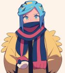 1boy blue_eyes blue_hair coat commentary_request eyelashes grusha_(pokemon) hands_in_pockets highres long_hair long_sleeves looking_at_viewer male_focus poke_ball_print pokemon pokemon_(game) pokemon_sv scarf solo tyako_089 upper_body white_background yellow_coat 