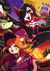  1boy 1girl 1other :3 absurdres alternate_eye_color alternate_hair_color androgynous animal_ears black_hair cat_ears cat_girl commentary_request dummy_(undertale) fangs green_eyes hair_over_one_eye halloween halloween_costume hat highres humanoid_robot long_hair long_sleeves mad_mew_mew mettaton mettaton_ex moon napstablook one_eye_closed orange_hair purple_hat red_eyes robot tail teeth tongue undertale upper_teeth_only utdr_(toby_fox) vampire_costume watawata22 witch_hat 