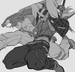  2boys absurdres arms_up axl_low bandana belt belt_buckle boots buckle clenched_teeth collarbone enqnancla fingerless_gloves floating_hair gloves groin guilty_gear guilty_gear_strive headband highres holding holding_weapon jacket long_hair male_focus midriff multiple_boys open_clothes open_jacket open_mouth pants plaid_clothes plaid_jacket ponytail shoes simple_background sol_badguy tank_top teeth triangle_mouth weapon white_background zipper_pull_tab 