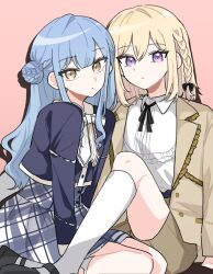  2girls at_09098 bang_dream! bang_dream!_it's_mygo!!!!! blonde_hair blue_hair blue_shirt blue_skirt braid brown_jacket brown_shorts closed_mouth commentary_request hair_between_eyes hair_bun highres jacket kneehighs korean_commentary long_hair looking_at_viewer medium_hair misumi_uika multiple_girls pink_background plaid_clothes plaid_skirt pleated_skirt shirt shorts side_braid sidelocks simple_background single_side_bun skirt socks togawa_sakiko violet_eyes white_shirt white_socks yellow_eyes 