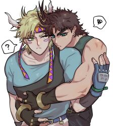  2boys ? aqua_eyes battle_tendency belt black_gloves black_pants blonde_hair blue_belt blue_gloves blue_shirt brown_hair caesar_anthonio_zeppeli collarbone commentary_request eyelashes facial_mark feather_hair_ornament feathered_wings feathers fingerless_gloves flyflamindo gloves green_eyes green_shirt hair_ornament hand_on_another's_arm head_on_another's_shoulder headband holding_another's_waist jojo_no_kimyou_na_bouken joseph_joestar joseph_joestar_(young) male_focus multiple_boys one_eye_closed pants pout shirt short_hair simple_background speech_bubble upper_body white_background white_pants wings 