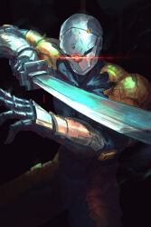  1boy absurdres artist_name black_background commentary cowboy_shot cyborg english_commentary franlol glowing glowing_eye gray_fox_(metal_gear) highres holding holding_sword holding_weapon katana male_focus metal_gear_(series) metal_gear_solid ninja one-eyed science_fiction simple_background solo sword weapon 