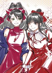  2girls ;) absurdres ace_attorney bare_shoulders black_eyes black_hair bow chinese_commentary commentary_request dress gloves green_eyes hair_bow high_ponytail highres holding_hands index_finger_raised jewelry kay_faraday key key_necklace long_hair long_sleeves maya_fey multiple_girls necklace official_alternate_costume one_eye_closed ponytail red_bow red_dress red_gloves shawl sleeveless sleeveless_dress smile xifeng_shengxing 