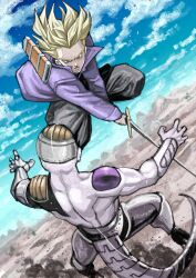  2boys alien bald bisected black_pants blonde_hair blue_jacket clouds cloudy_sky colored_skin cyborg denim denim_jacket dragon_ball dragon_ball_z flying frieza frieza_clan full_body green_eyes hand_on_hilt highres holding holding_sword holding_weapon jacket male_focus matsubara_toshi mecha_frieza mountainous_horizon multiple_boys pants saiyan scabbard sheath sky sliced spiky_hair super_saiyan super_saiyan_1 sword sword_hilt trunks_(dragon_ball) trunks_(future)_(dragon_ball) turtleneck turtleneck_jacket unsheathed weapon white_skin 