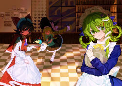  3girls absurdres ahoge alternate_hairstyle apron apron_lift ascot back_bow black_hat black_shoes black_skirt black_vest blue_bow blue_dress bow braid braided_twintails chinese_commentary chunye_xiuluo closed_mouth clothes_lift collared_shirt commentary_request dress enmaided food frilled_apron frilled_dress frilled_hair_tubes frilled_skirt frilled_sleeves frills frog_hair_ornament from_side green_eyes green_hair hair_bow hair_ornament hair_rings hair_tubes hakurei_reimu hand_up hat hat_bow highres holding holding_tray ice_cream indoors kirisame_marisa kochiya_sanae leg_warmers long_hair long_sleeves looking_at_viewer maid maid_apron maid_headdress multiple_girls neck_ribbon open_mouth pancake pancake_stack picture_frame puffy_long_sleeves puffy_short_sleeves puffy_sleeves purple_ascot red_bow red_dress red_eyes revision ribbon shirt shoes short_hair short_sleeves skirt sleeve_cuffs smile snake_hair_ornament standing standing_on_one_leg tile_floor tiles touhou tray tripping turn_pale vest white_apron white_bow white_headdress white_leg_warmers white_shirt wide_shot window witch_hat yellow_eyes yellow_ribbon 