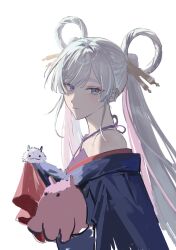  1girl absurdres animal animal_on_hand bare_shoulders blue_eyes blue_kimono cho_kaguya-hime! closed_mouth colored_inner_hair commentary_request criss-cross_halter from_side fushi_(cho_kaguya-hime!) genkounikki01 hair_ornament hair_rings halterneck hand_up highres japanese_clothes kanzashi kimono light_blush lone_nape_hair long_hair long_sleeves looking_at_viewer multicolored_hair off_shoulder pink_streaks red_trim runami_yachiyo runami_yachiyo_(tsukuyomi) sea_bunny sea_slug shade simple_background sleeves_past_fingers sleeves_past_wrists streaked_hair turning_head twintails umbrella_octopus upper_body white_background white_hair 