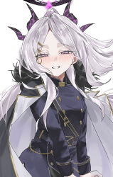  1girl 2sir_7 absurdres black_halo black_horns blue_archive blush buttons coat coat_on_shoulders commentary demon_girl demon_horns double-breasted halo highres hina_(blue_archive) horns jacket long_hair looking_at_viewer military_uniform multiple_horns purple_halo purple_jacket simple_background smile solo upper_body violet_eyes white_background white_hair 