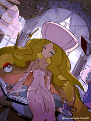  1girl blonde_hair blue_eyes book breasts caitlin_(pokemon) cape closed_mouth commentary_request cup dress english_commentary floating floating_object hat highres indoors long_hair long_sleeves looking_at_viewer mayotsunamayo open_book pink_dress pink_hat plate poke_ball poke_ball_(basic) pokemon pokemon_black_and_white pouring see-through_cape see-through_clothes sitting small_breasts solo spoon spork tea teacup teapot telekinesis twitter_username very_long_hair 