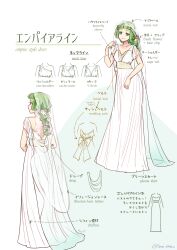  1girl arrow_(symbol) bilingual_text bridal_veil commentary_request contemporary dress english_text flower from_behind green_eyes green_hair hair_flower hair_ornament highres honzuki_no_gekokujou lieseleta_(honzuki_no_gekokujou) long_dress long_hair looking_at_viewer mixed-language_text multiple_views pointing_out_the_details san+ see-through_clothes see-through_sleeves short_sleeves solo standing translation_request twitter_username veil wedding_dress white_dress 