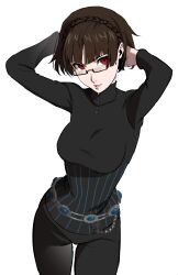 1girl absurdres arms_behind_head belt black_pants black_sweater blunt_bangs braid breasts brown_hair catherine_(game) closed_mouth commentary cosplay cowboy_shot crown_braid glasses hairband hand_in_own_hair highres katherine_mcbride katherine_mcbride_(cosplay) large_breasts long_sleeves looking_at_viewer niijima_makoto pants persona persona_5 pink_lips red_eyes semi-rimless_eyewear short_hair solo sweater turtleneck turtleneck_sweater under-rim_eyewear white_background zon_e 