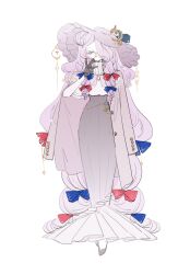  1girl absurdly_long_hair alternate_costume alternate_hairstyle black_gloves blue_ribbon coat coat_on_shoulders commentary crescent crescent_hat_ornament frilled_hat frills full_body glasses gloves gradient_clothes gradient_skirt grey_coat grey_shoes hand_on_own_cheek hand_on_own_face hat hat_ornament highres lace lace_gloves long_hair long_skirt parted_lips patchouli_knowledge pink_eyes pink_hair red_ribbon ribbon round_eyewear shirt shoes skirt smile solo touhou turtleneck turtleneck_shirt very_long_hair white_background white_shirt zenritsu 