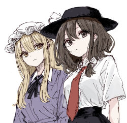  2girls asymmetrical_sidelocks black_hat black_ribbon black_skirt blonde_hair brown_hair closed_mouth dress hat kashiwada_kiiho long_hair long_sleeves looking_at_viewer maribel_hearn mob_cap multiple_girls neck_ribbon necktie purple_dress red_necktie ribbon shirt shirt_tucked_in short_sleeves sidelocks simple_background skirt touhou upper_body usami_renko white_background white_hat white_shirt 