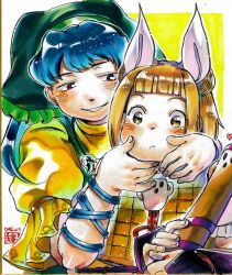  2girls apron arm_ribbon armor armored_dress blonde_hair blue_hair blue_ribbon blush closed_mouth commentary_request double_bun dress green_apron green_headscarf grin hair_bun hair_ribbon haniwa_(statue) haniyasushin_keiki headscarf heart height_difference highres holding hug hug_from_behind jewelry joutouguu_mayumi kokechankokko long_hair looking_at_viewer magatama magatama_necklace multiple_girls necklace red_eyes ribbon shikishi smile touhou traditional_media vambraces white_ribbon yellow_armor yellow_dress yellow_eyes yuri 