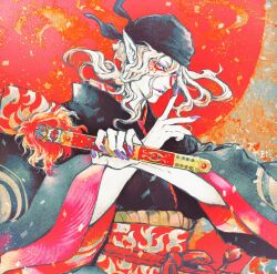  1boy bandana black_bandana blonde_hair facepaint fingernails highres japanese_clothes kimono kusuriuri_(mononoke) long_fingernails long_hair makeup male_focus mononoke obi oyamada_ami pointy_ears purple_lips purple_nails sash solo sword_of_exorcism yellow_eyes 