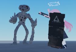  blue_archive bone creak_(doors) doors_(roblox) gun halo holes hoshino_(blue_archive) middle_finger non-web_source pink_hair roblox roblox_studio shield shotgun skirt weapon 