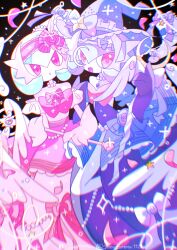  2girls alternate_color artist_name black_dress black_gloves clothed_pokemon commentary_request dress falling_petals gardevoir gloves hat highres mega_gardevoir mega_pokemon monocle multiple_girls open_mouth petals pink_dress pink_eyes pink_gloves pink_petals pokemon pokemon_(creature) shimizuremi1122 shiny_pokemon signature smile witch_hat 