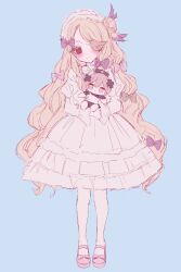  316_lp absurdres blonde_hair bow closed_mouth dress eyepatch frilled_dress frills hair_ornament hat highres long_hair magical_girl mahou_shoujo_ikusei_keikaku mahou_shoujo_ikusei_keikaku_restart multiple_girls nurse_cap pfle purple_bow red_eyes shadowgale smile x_hair_ornament yellow_eyes 