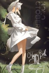  1girl absurdres animal_ears bare_legs branch closed_eyes closed_mouth commentary copyright_name day dress english_commentary from_side full_body grass grey_hair happy_birthday highres holding_own_dress hololive iputpixels legs long_hair long_sleeves outdoors profile shirakami_fubuki shoes sidelocks solo standing virtual_youtuber white_dress white_headdress white_shoes 