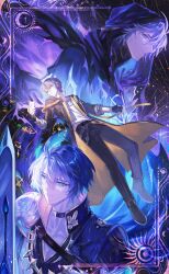 3boys antenna_hair arm_strap armor azuriel badge belt black_belt black_boots black_choker black_cloak black_gloves black_jacket black_pants black_shirt blue_cape blue_eyes boots brown_belt caelus_(honkai:_star_rail) cape chest_belt choker cloak closed_mouth coat collared_shirt commentary crescent dual_persona english_commentary fingerless_gloves floating_cape from_side full_body gloves grey_hair hair_between_eyes hand_up high_collar highres holding holding_paper honkai:_star_rail honkai_(series) hood hooded_cloak hooded_jacket jacket long_sleeves looking_at_object looking_at_viewer looking_to_the_side male_focus multiple_belts multiple_boys neck_tattoo open_clothes open_jacket pants paper phainon_(flame_reaver)_(honkai:_star_rail) phainon_(honkai:_star_rail) shirt short_hair shoulder_armor star_(sky) starry_sky_background sun sun_symbol sun_tattoo t-shirt tattoo teeth trailblazer_(honkai:_star_rail) two-sided_fabric two-sided_jacket upper_body violet_eyes white_coat white_shirt yellow_eyes yellow_jacket yellow_pupils 