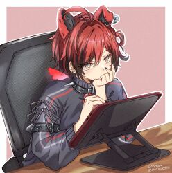  1boy absurdres ahoge animal_ears bishounen black_collar black_jacket black_nails collar dog_boy dog_ears drawing_tablet ear_piercing hand_on_own_chin highres holostars holostars_english jacket machina_x_flayon machina_x_flayon_(5th_costume) male_focus official_alternate_costume orcinus666 piercing red_hair short_hair sitting solo spiked_collar spikes track_jacket virtual_youtuber 
