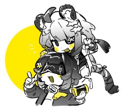  2girls :d ahoge animal_ears arknights arknights:_endfield black_hair blush_stickers chibi chibi_only dot_nose endministrator_(arknights) fang female_endministrator_(arknights) fingerless_gloves gloves gradient_hair hair_ornament highres holding l_hand mafuin_da mask monochrome multicolored_hair multiple_girls smile tail tangtang_(arknights) tiger_ears tiger_girl tiger_tail v white_hair 