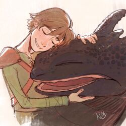  1boy animal_hug armor artist_name brown_hair closed_eyes commentary creature dragon english_commentary facing_another freckles green_shirt hair_between_eyes hiccup_horrendous_haddock_iii highres how_to_train_your_dragon_(series) hug leather_armor long_sleeves male_focus no_139401 parted_bangs parted_lips red_armor shirt short_hair shoulder_armor sidelocks signature smile toothless upper_body white_background 