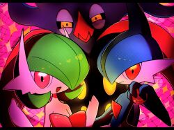  1girl 2boys alternate_color blue_hair bob_cut commentary gallade gardevoir green_hair hair_over_one_eye malamar mega_gardevoir mega_pokemon multiple_boys pokemon pokemon_(creature) shiny_pokemon smile violet_eyes yellow_eyes yuri_(fl0werspace) 