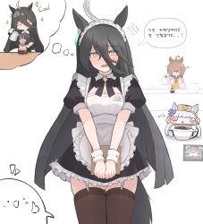  3girls absurdres agnes_tachyon_(tach-nology)_(umamusume) agnes_tachyon_(umamusume) alternate_costume apron bagjunhyeo49449 black_bow black_dress blue_necktie blush bow brown_hair brown_hat brown_thighhighs coffee coffee_pot commentary_request dress gold_ship_(red_strife)_(umamusume) gold_ship_(umamusume) grey_hair hat highres holding holding_coffee_pot holding_menu korean_commentary korean_text lab_coat long_hair maid maid_apron maid_headdress manhattan_cafe_(umamusume) menu multiple_girls necktie open_mouth pillbox_hat puffy_short_sleeves puffy_sleeves red_dress red_eyes short_hair short_sleeves sweater thigh-highs translation_request umamusume very_long_hair violet_eyes wrist_cuffs yellow_eyes yellow_sweater zettai_ryouiki 