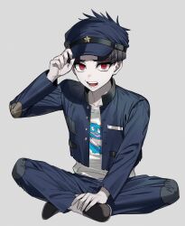  1boy absurdres black_hair black_shoes blue_hat blue_jacket blue_pants collarbone commentary full_body grey_background hand_on_own_foot hand_on_own_hat hat hat_ornament highres indian_style jacket maruko_gaku okapi_hndr open_clothes open_jacket open_mouth pale_skin pants patchwork_clothes print_shirt red_eyes shirt shoes short_hair simple_background sitting solo star_(symbol) star_hat_ornament the_hundred_line_-last_defense_academy- torn_clothes torn_jacket torn_pants white_shirt 