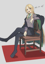  1girl absurdres black_robe black_skirt blonde_hair blush cardigan carpet chair collared_shirt commentary crossed_legs dated diagonal-striped_clothes dress_shirt genderswap genderswap_(mtf) green_eyes green_necktie grey_cardigan harry_potter_(series) highres hogwarts_school_uniform long_hair looking_at_viewer malfoid necktie no_shoes pantyhose robe school_uniform shirt sitting skirt smile solo striped_clothes taishou_(yzkt3453) very_long_hair white_shirt wing_collar wizarding_world 