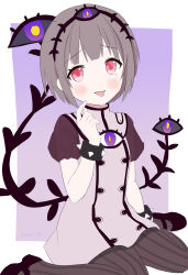  1girl absurdres alma_(mahoiku) blush commentary_request eye_hair_ornament grey_hair highres looking_at_viewer magical_girl mahou_shoujo_ikusei_keikaku mahou_shoujo_ikusei_keikaku_f2p pantyhose plant red_eyes short_hair sitting striped_clothes striped_pantyhose tears teepa tongue tongue_out vertical-striped_clothes vertical-striped_pantyhose vines wariza 