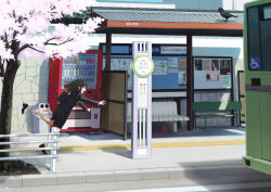  1girl asuka_gin bag bench bird black_hair black_jacket black_skirt bus bus_stop cherry_blossoms closed_eyes commentary_request crow day from_side high_heels highres jacket long_hair motor_vehicle office_lady open_mouth original outdoors railing scenery shoulder_bag skirt solo tripping urban vending_machine very_wide_shot wide_shot 