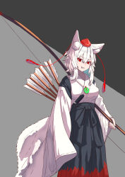  1girl absurdres animal_ears arrow_(projectile) black_hakama bow_(weapon) grey_background hakama hat highres holding holding_bow_(weapon) holding_weapon inubashiri_momiji japanese_clothes long_sleeves looking_at_viewer otyanosizuku1 pom_pom_(clothes) red_eyes short_hair simple_background solo tail tokin_hat touhou weapon white_hair wolf_ears wolf_girl wolf_tail yumi_(bow) 