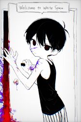  1boy absurdres antenna_hair black_hair black_tank_top closed_mouth colored_skin commentary double-parted_bangs english_commentary english_text expressionless hair_between_eyes highres holding holding_knife knife makucrp male_focus omori omori_(omori) short_hair shorts solo speech_bubble striped_clothes striped_shorts tank_top vertical-striped_clothes vertical-striped_shorts white_shorts white_skin 