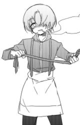  1boy anpolly apron cigarette commentary_request greyscale hair_over_one_eye holding holding_whip long_sleeves looking_at_viewer male_focus medic_(sekaiju_4) medic_3_(sekaiju_4) monochrome pants parted_lips sekaiju_no_meikyuu sekaiju_no_meikyuu_4 short_hair simple_background sketch smile smoking solo waist_apron whip white_background 