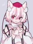  1girl :3 akuta_neko animal_ear_fluff animal_ears bare_shoulders closed_mouth grey_background highres inubashiri_momiji looking_at_viewer navel pom_pom_(clothes) red_eyes shirt short_hair signature simple_background smile solo touhou white_hair white_shirt white_sleeves wolf_ears wolf_girl 
