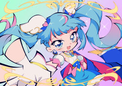 1girl absurdres blue_cape blue_dress blue_eyes blue_hair bow brooch cape commentary cure_sky cut_bangs detached_sleeves dress dress_bow dutch_angle earrings fingerless_gloves foreshortening frilled_dress frills fringe_trim gloves gradient_background gradient_hair hair_ornament highres hirogaru_sky!_precure jewelry long_hair looking_at_viewer magical_girl medium_dress multicolored_hair okitya open_mouth panty_&amp;_stocking_with_garterbelt_(style) pink_bow pink_hair precure puffy_detached_sleeves puffy_sleeves reaching reaching_towards_viewer red_cape single_earring single_sidelock sleeveless sleeveless_dress smile solo sora_harewataru sparkle standing streaked_hair twintails two-sided_cape two-sided_fabric two-tone_dress two-tone_hair very_long_hair white_dress white_gloves wing_brooch wing_hair_ornament 