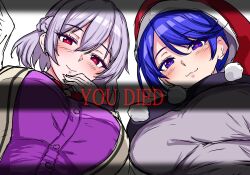  2girls :3 blue_eyes blue_hair blush breasts closed_mouth commentary doremy_sweet dress grey_dress grey_hair grey_jacket hair_between_eyes hand_on_own_chin hat heart heart-shaped_pupils highres jacket kishin_sagume large_breasts looking_at_viewer medium_hair multiple_girls nightcap open_clothes open_jacket pom_pom_(clothes) purple_dress red_eyes s_watatsuki_n single_wing smile symbol-shaped_pupils touhou white_wings wings you_died 
