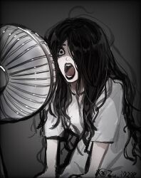  1girl absurdres black_hair black_lips commentary_request dress electric_fan ghost_girl hair_over_one_eye highres indoors lips long_hair looking_at_viewer open_mouth shirt solo sweat the_ring twitter_username very_long_hair white_dress yamamura_sadako zu_37298 